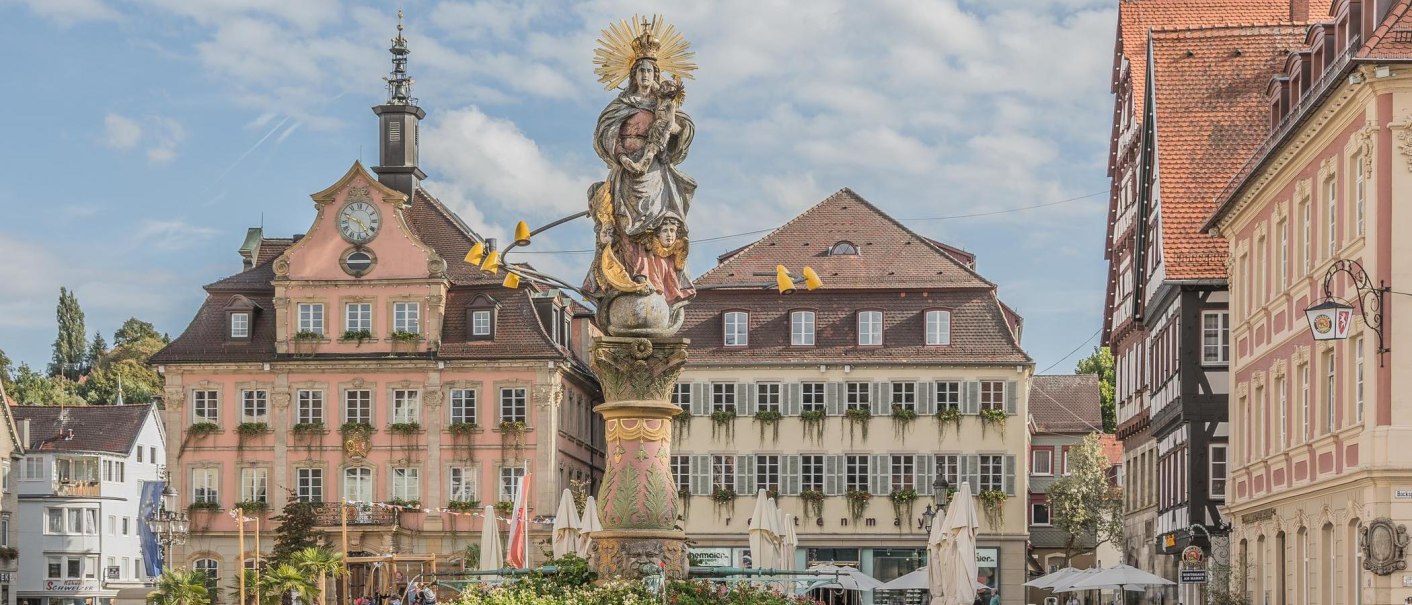 A Baroque statue in a town square, surrounded by historic buildings with half-timbered and ornate facades. The sky is slightly cloudy., &copy; Mario Klaiber