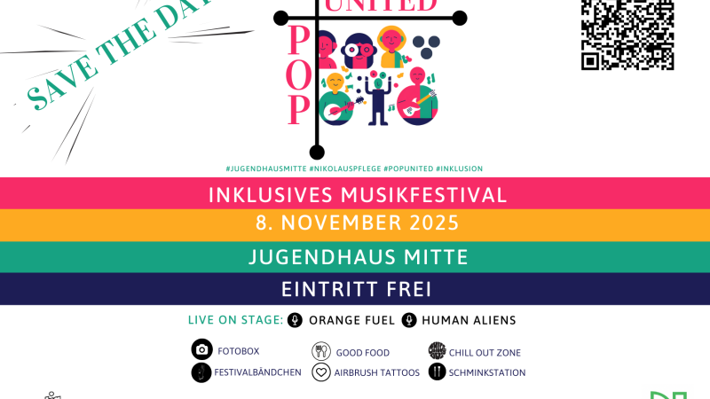Plakat für POP UNITED, ein inklusives Musikfestival am 8. November 2025 im Jugendhaus Mitte. Eintritt frei, mit Bands, Fotobox, Essen und mehr., © Nikolauspflege Stuttgart Plakat für POP UNITED, ein inklusives Musikfestival am 8. November 2025 im Jugendhaus Mitte. Eintritt frei, mit Bands, Fotobox, Essen und mehr., © Nikolauspflege Stuttgart