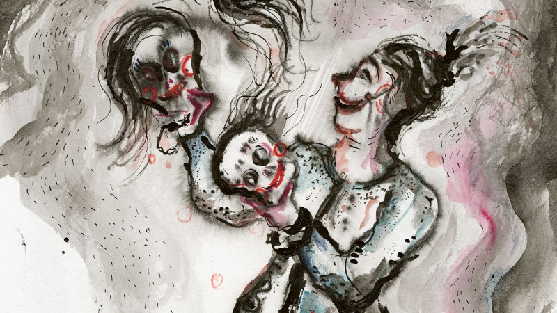 Expressionistische Illustration einer Figur, die zwei Masken hält. Die Szene ist in dunklen und rosa Tönen gehalten, mit dynamischen Pinselstrichen., © Ulrike Theusner, Courtesy Galerie EIGEN + ART, Leipzig/Berlin Expressionistische Illustration einer Figur, die zwei Masken hält. Die Szene ist in dunklen und rosa Tönen gehalten, mit dynamischen Pinselstrichen., © Ulrike Theusner, Courtesy Galerie EIGEN + ART, Leipzig/Berlin