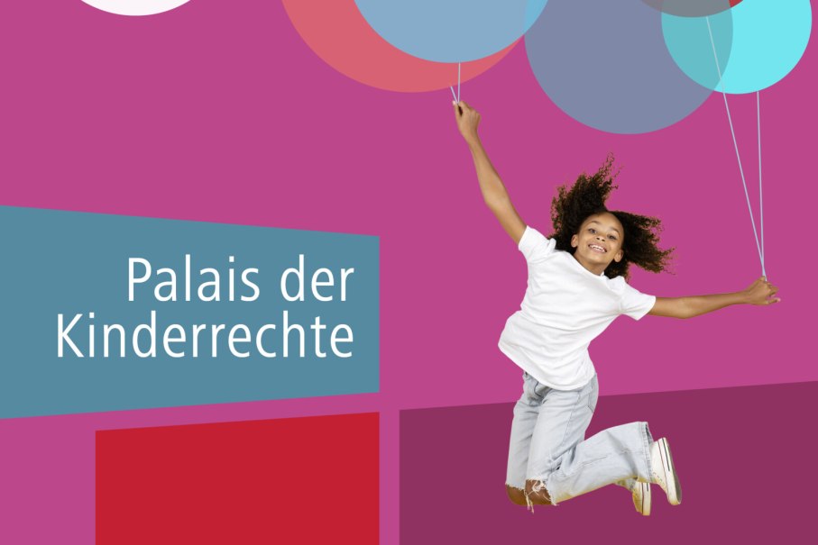 Ein Kind springt mit bunten Luftballons vor einem pinken Hintergrund. Text: Palais der Kinderrechte., © StadtPalais Ein Kind springt mit bunten Luftballons vor einem pinken Hintergrund. Text: Palais der Kinderrechte., © StadtPalais