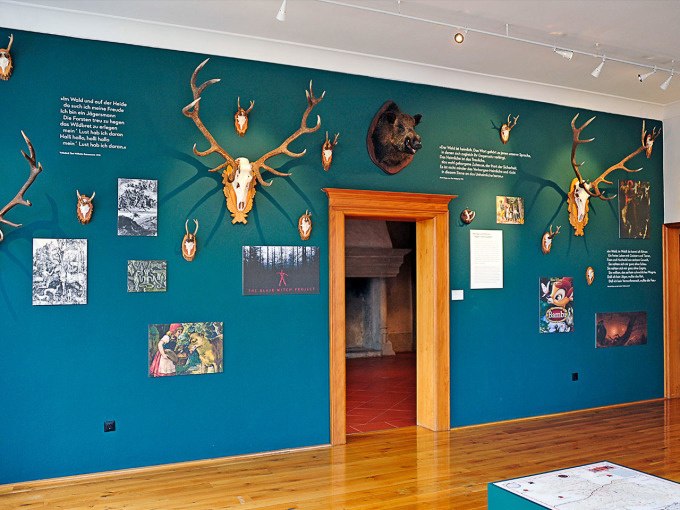Ein Ausstellungsraum mit blauer Wand, dekoriert mit Tierpräparaten, Bildern und Texten. Holzboden und Türrahmen aus Holz., © Landesmuseum Württemberg Ein Ausstellungsraum mit blauer Wand, dekoriert mit Tierpräparaten, Bildern und Texten. Holzboden und Türrahmen aus Holz., © Landesmuseum Württemberg
