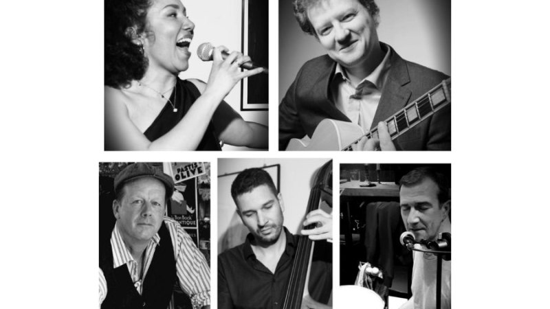 Collage von fünf Musikern: Sängerin mit Mikrofon, Gitarrist, Mann mit Hut, Kontrabassist und Schlagzeuger. Schwarz-weiß Fotos., © Fotocredit Theater La Lune Stuttgart Collage von fünf Musikern: Sängerin mit Mikrofon, Gitarrist, Mann mit Hut, Kontrabassist und Schlagzeuger. Schwarz-weiß Fotos., © Fotocredit Theater La Lune Stuttgart