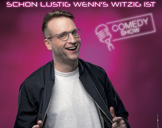 Poster for a comedy show with Benni Stark. He is smiling and wearing glasses. The background is pink with the text 'It's funny when it's funny'., &copy; SBEntertainment GmbH & Co. KG