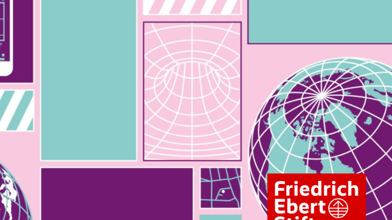 Grafik mit geometrischen Formen, einer Weltkugel und dem Logo der Friedrich Ebert Stiftung. Farben: Lila, Türkis und Rosa., © Malte Reinisch / FES