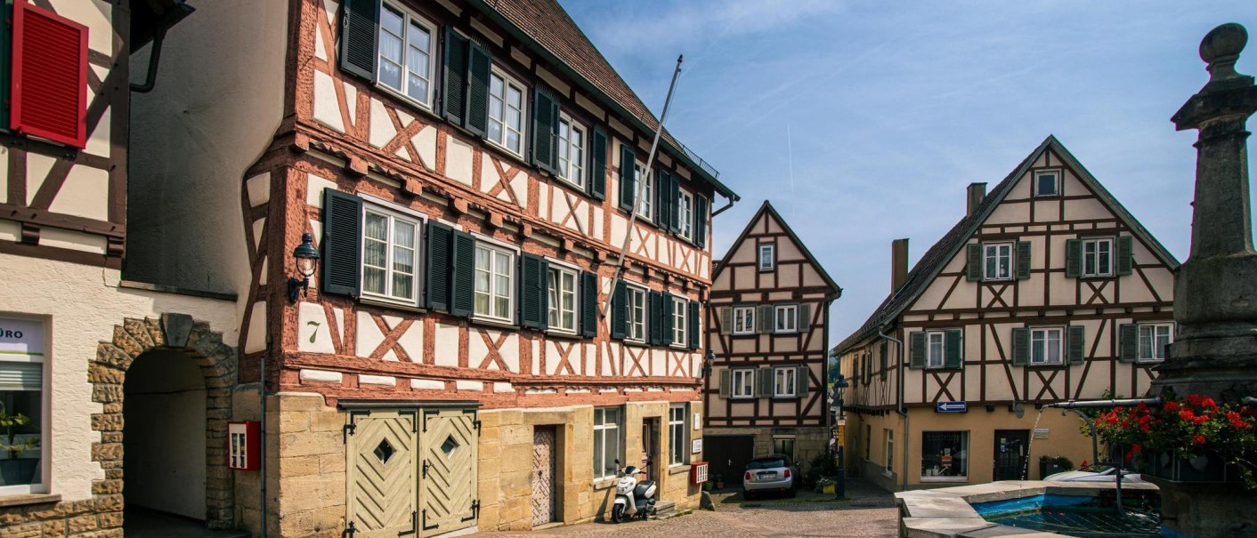 Half-timbered houses in the old town of Waldenbuch, Germany. A fountain with red flowers in the foreground, blue sky in the background., © Stuttgart-Marketing GmbH, Sarah Schmid