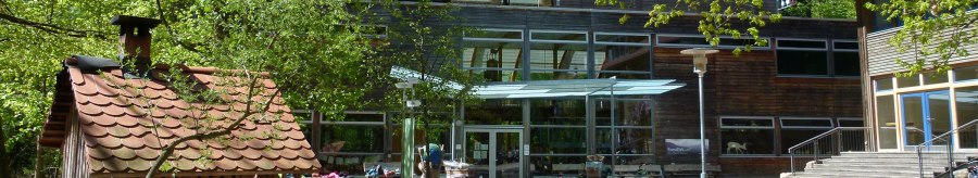 Inner courtyard of the House of the Forest with toy vehicles, trees and a small wooden house. Modern glass façade in the background., © Haus des Waldes