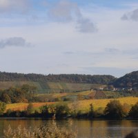 Herbstliche Landschaft mit einem See im Vordergrund, umgeben von bunten Weinbergen und bewaldeten Hügeln unter einem leicht bewölkten Himmel., © NPSFW
