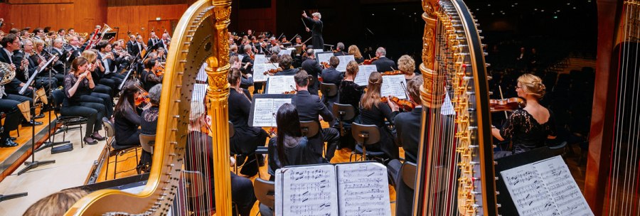 An orchestra plays on a stage, with two harps in the foreground. The conductor stands in front of the musicians, who are reading sheet music., &copy; Stuttgarter Philharmoniker