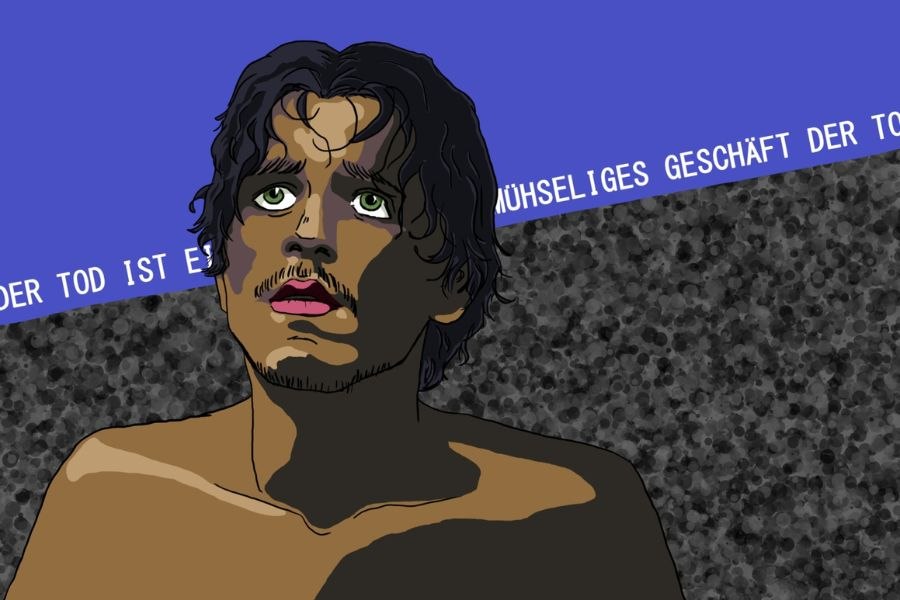 Ein nachdenklicher Mann blickt nach oben. Im Hintergrund steht der Text 'Der Tod ist ein mühseliges Geschäft' auf blauem und grauem Hintergrund., © Fotocredit Theater La Lune Stuttgart Ein nachdenklicher Mann blickt nach oben. Im Hintergrund steht der Text 'Der Tod ist ein mühseliges Geschäft' auf blauem und grauem Hintergrund., © Fotocredit Theater La Lune Stuttgart