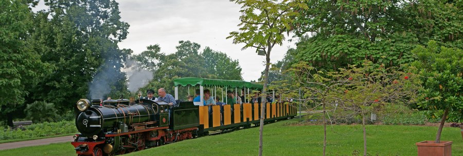 A small steam locomotive pulls colorful wagons through a green park with trees and flowers., © Andreas Pucka A small steam locomotive pulls colorful wagons through a green park with trees and flowers., © Andreas Pucka