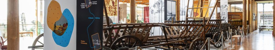 Exhibition area in the German Agricultural Museum with historical agricultural equipment and information boards on the potato., © Stuttgart Marketing GmbH, Sarah Schmid