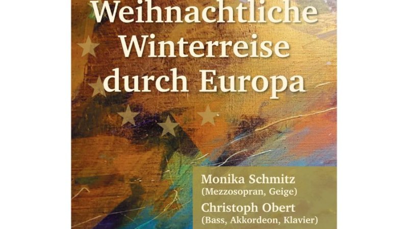 Plakat mit dem Titel 'Weihnachtliche Winterreise durch Europa', Künstler: Monika Schmitz und Christoph Obert. Hintergrund in warmen Farben., © Fotocredit Theater La Lune Stuttgart