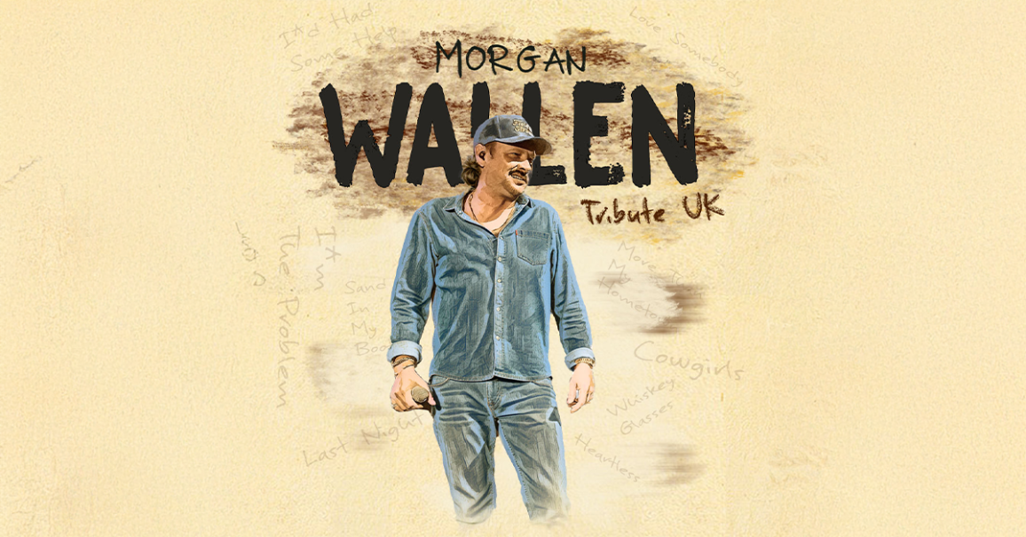 Ein Mann in Jeanskleidung hält ein Mikrofon. Der Hintergrund zeigt handgeschriebene Songtitel und den Text 'Morgan Wallen Tribute UK'., © links im Bild Ein Mann in Jeanskleidung hält ein Mikrofon. Der Hintergrund zeigt handgeschriebene Songtitel und den Text 'Morgan Wallen Tribute UK'., © links im Bild