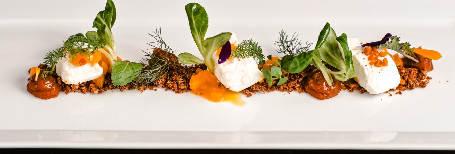 Elegantes Gericht mit Ziegenfrischkäse, Pumpernickel und Feigenchutney, garniert mit frischen Kräutern und Salatblättern auf einem rechteckigen weißen Teller., © Hupperts Elegantes Gericht mit Ziegenfrischkäse, Pumpernickel und Feigenchutney, garniert mit frischen Kräutern und Salatblättern auf einem rechteckigen weißen Teller., © Hupperts