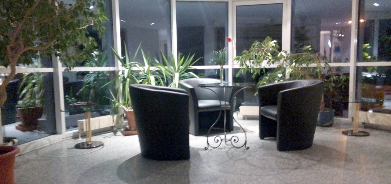 Lobby mit zwei schwarzen Sesseln und Tisch, umgeben von Pflanzen und gro&szlig;en Fenstern. Helle Beleuchtung und moderne Einrichtung., &copy; Central Hotel