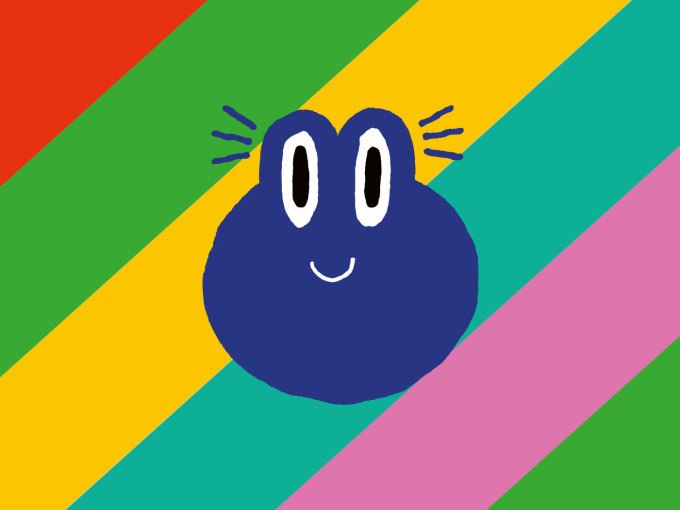 Blue, smiling dot with eyes on a colorful, striped background in red, yellow, green and pink., &copy; Landesmuseum W&uuml;rttemberg