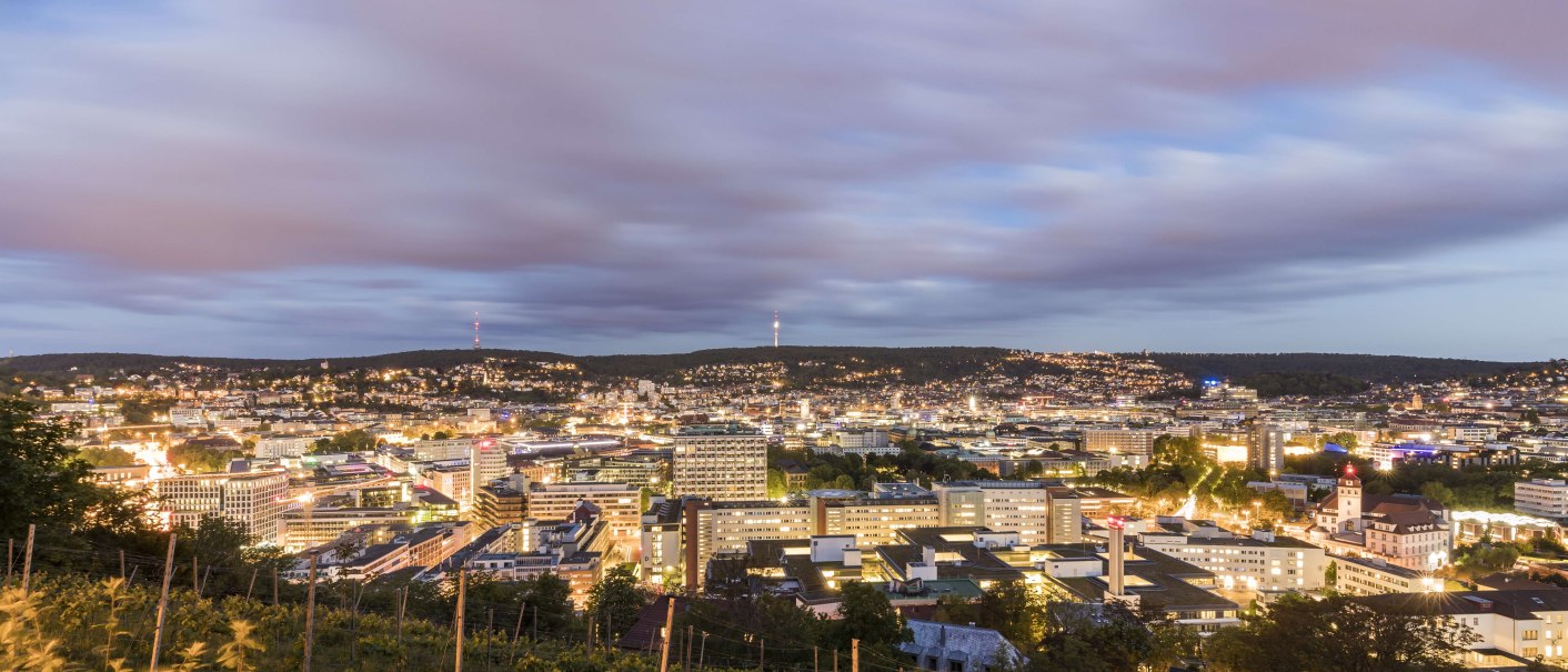 Panorama einer Stadt bei Abenddämmerung, mit beleuchteten Gebäuden und einem bewölkten Himmel im Hintergrund., © SMG, Werner Dieterich