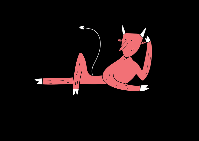 Ein roter Teufel mit Hörnern und Schwanz liegt entspannt auf schwarzem Hintergrund., © Württembergische Staatstheater Stuttgart Ein roter Teufel mit Hörnern und Schwanz liegt entspannt auf schwarzem Hintergrund., © Württembergische Staatstheater Stuttgart