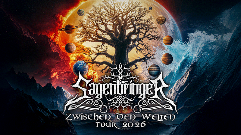 Ein beeindruckendes Poster für die 'Sagenbringer - Zwischen den Welten Tour 2026' mit einem zentralen Baum, umgeben von Planeten und kontrastierenden Landschaften., © links im Bild Ein beeindruckendes Poster für die 'Sagenbringer - Zwischen den Welten Tour 2026' mit einem zentralen Baum, umgeben von Planeten und kontrastierenden Landschaften., © links im Bild
