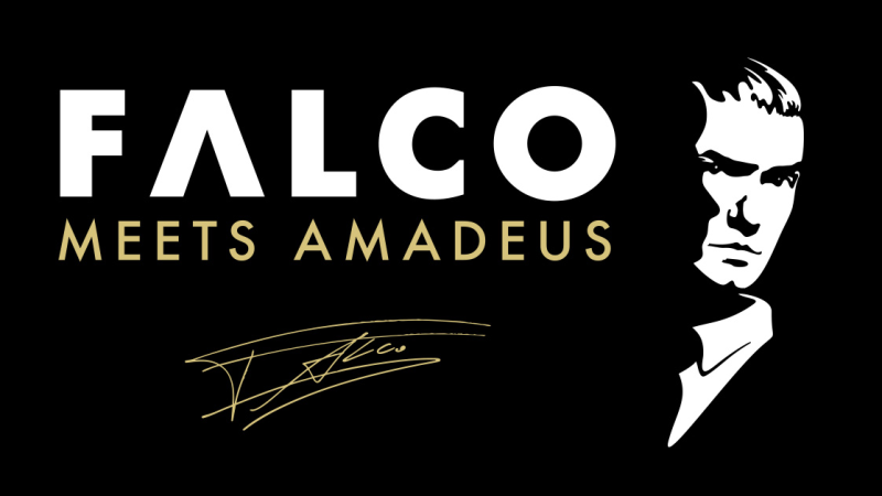 Schwarzes Logo mit wei&szlig;em Text 'FALCO MEETS AMADEUS', stilisiertem Portr&auml;t und goldener Unterschrift auf schwarzem Hintergrund., &copy; links im Bild
