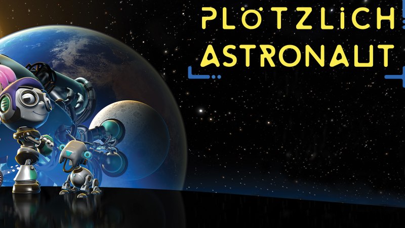 Zwei Roboterfiguren stehen im Weltraum vor Erde und Mond. Der Text 'Pl&ouml;tzlich Astronaut' ist rechts im Bild zu sehen., &copy; Planetarium Stuttgart
