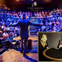 A magician in the Strotmanns Magic Lounge Stuttgart in front of an applauding audience. In the small picture, a woman shows a card while a man with a blindfold sits at the table., &copy; STROTMANNS Magic Lounge