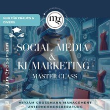 Futuristisches Bild einer Frau mit VR-Brille in einem digitalen Raum. Text: 'Social Media & KI Marketing Master Class'., © links im Bild Futuristisches Bild einer Frau mit VR-Brille in einem digitalen Raum. Text: 'Social Media & KI Marketing Master Class'., © links im Bild