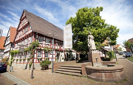 Fachwerkhaus mit Hotel Hirsch-Banner, Brunnen und Baum im Vordergrund, gepflasterte Straße und blauer Himmel., © Hotel Hirsch
