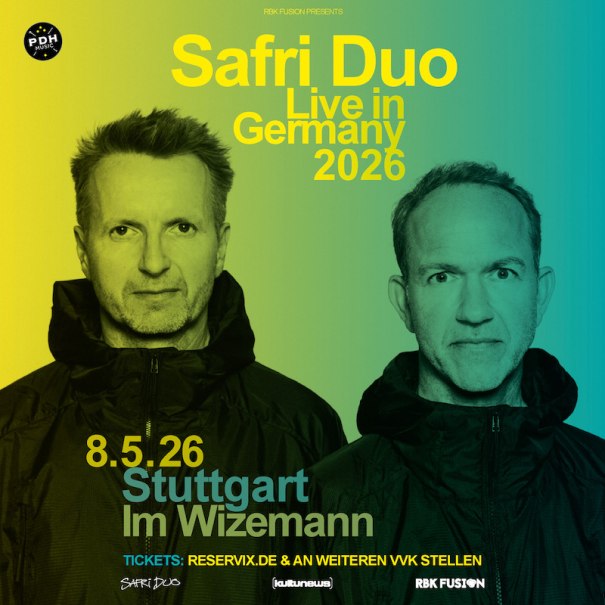 Poster für Safri Duo Live in Germany 2026. Konzert am 8.5.26 in Stuttgart, Im Wizemann. Ticketinfos auf reservix.de. Farbverlauf gelb-blau., © Music Circus Concertbüro GmbH & Co. KG
