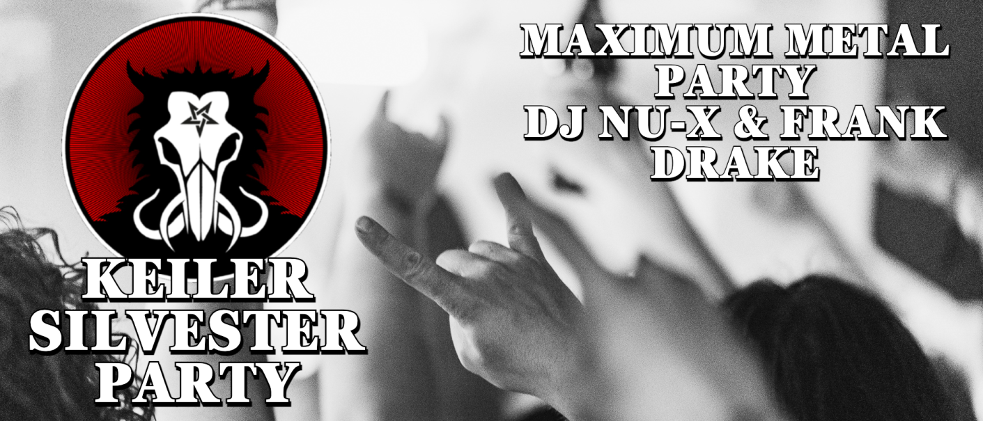 A logo with a boar's skull and the announcement of a metal party with DJ Nu-X and Frank Drake. Hands in a rock'n'roll salute in the background., © Schwarzer Keiler, Stuttgart A logo with a boar's skull and the announcement of a metal party with DJ Nu-X and Frank Drake. Hands in a rock'n'roll salute in the background., © Schwarzer Keiler, Stuttgart