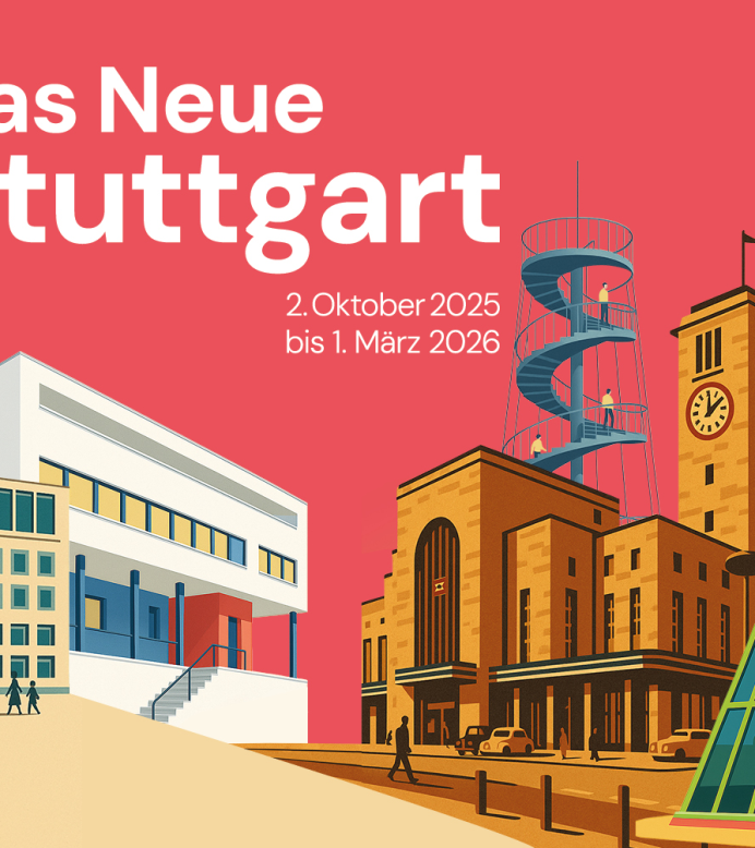 Illustration von Stuttgarter Wahrzeichen vor rotem Hintergrund. Text: Das Neue Stuttgart, 2. Oktober 2025 bis 1. M&auml;rz 2026., &copy; Laut und Schoen