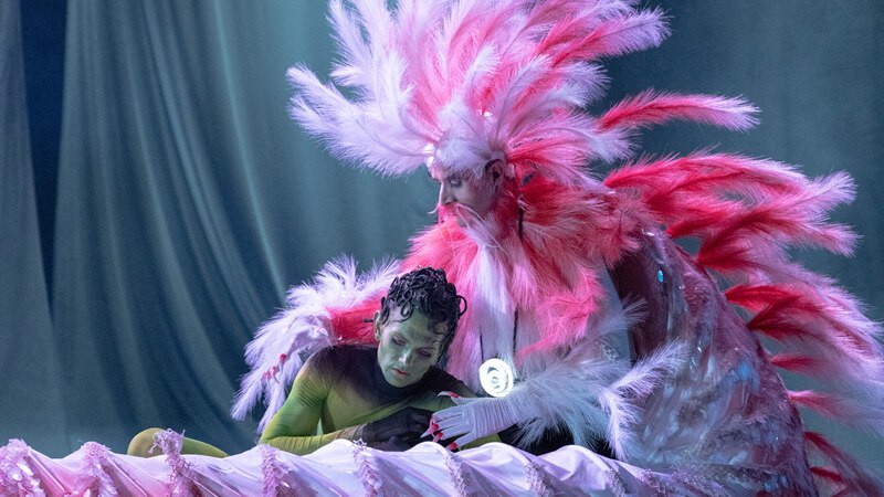 Two people in imaginative costumes on a stage. One person wears an eye-catching feather costume in pink, the other a green outfit., &copy; W&uuml;rttembergische Staatstheater Stuttgart