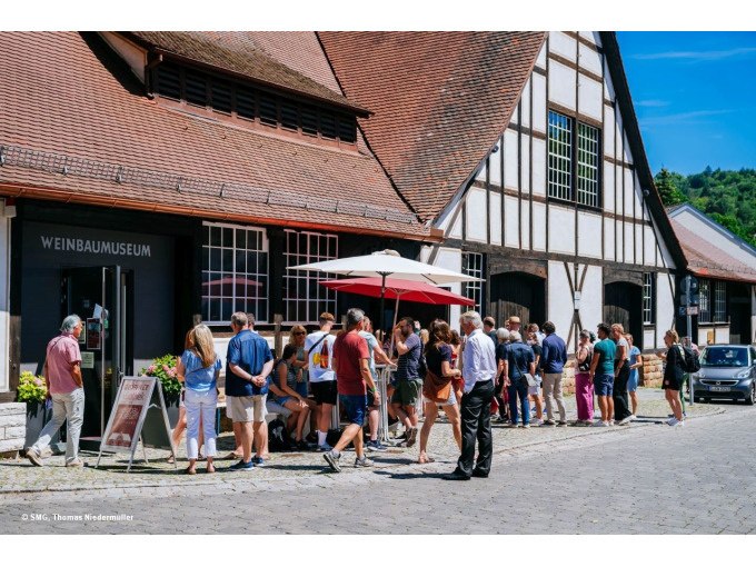 Eine Gruppe von Menschen steht bei sonnigem Wetter vor dem Weinbaumuseum in einer Schlange. Ein Sonnenschirm spendet Schatten., © Stuttgart Marketing GmbH Eine Gruppe von Menschen steht bei sonnigem Wetter vor dem Weinbaumuseum in einer Schlange. Ein Sonnenschirm spendet Schatten., © Stuttgart Marketing GmbH
