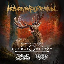 Poster der 'Heaven Shall Burn - Heimat Over Europe Tour 2026' mit einem Hirsch vor feurigem Hintergrund und Logos der Bands The Halo Effect, The Black Dahlia Murder, Trivium., &copy; links im Bild