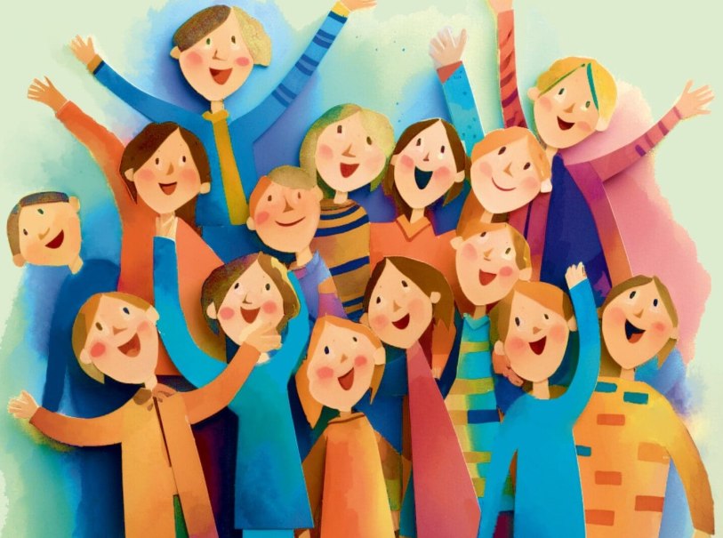 Bunte Illustration einer fröhlichen Gruppe von Menschen, die mit erhobenen Armen singen. Die Personen tragen farbenfrohe Kleidung., © StadtPalais