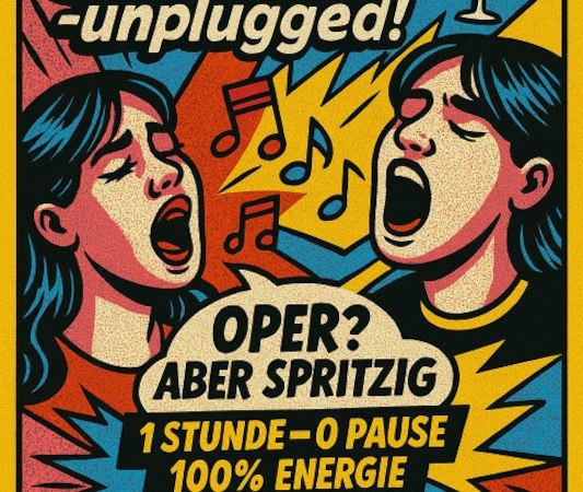 Plakat für 'Junge Stimmen – unplugged!' im Wilhelma Theater. Zwei singende Personen, Musiknoten, Datum 11.12.25, 19:30 Uhr. Aperol inklusive., © Wilhelma Theater