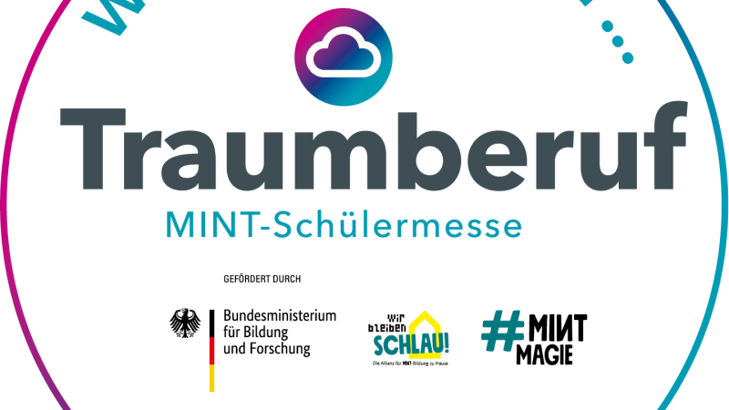 Logo der Traumberuf MINT-Schülermesse mit dem Text 'Wir sind Partner der...', gefördert durch das Bundesministerium für Bildung und Forschung. mint-messe.de, © GUBN