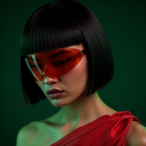 Eine Frau mit glattem, schwarzem Bob tr&auml;gt eine futuristische rote Brille und ein rotes Kleid. Der Hintergrund ist dunkelgr&uuml;n., &copy; Radiant Nexus