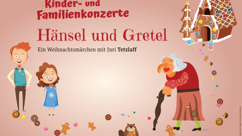 Illustration von Hänsel und Gretel, einer Hexe und einem Lebkuchenhaus. Text: "Kinder- und Familienkonzerte Hänsel und Gretel. Ein Weihnachtsmärchen mit Juri Tetzlaff.", © Stuttgarter Philharmoniker Illustration von Hänsel und Gretel, einer Hexe und einem Lebkuchenhaus. Text: "Kinder- und Familienkonzerte Hänsel und Gretel. Ein Weihnachtsmärchen mit Juri Tetzlaff.", © Stuttgarter Philharmoniker