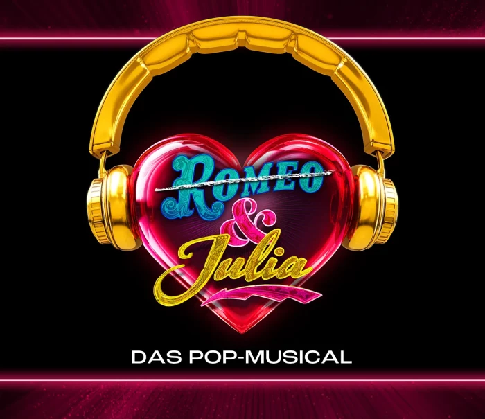 A heart with golden headphones and the words "Romeo & Juliet" symbolizes the pop musical. The background is black with pink accents., © Stage Entertainment A heart with golden headphones and the words "Romeo & Juliet" symbolizes the pop musical. The background is black with pink accents., © Stage Entertainment