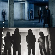 Zwei Bandfotos: Oben stehen vier Personen in einem Betonraum, unten sind vier Personen als Silhouetten vor hellem Hintergrund., &copy; links im Bild