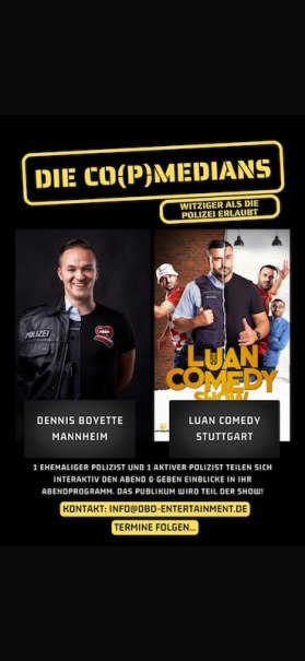 Werbeposter für die Comedy-Show 'Die Co(p)medians' mit Dennis Boyette aus Mannheim und Luan Comedy aus Stuttgart., © Rosenau Kultur e.V. Werbeposter für die Comedy-Show 'Die Co(p)medians' mit Dennis Boyette aus Mannheim und Luan Comedy aus Stuttgart., © Rosenau Kultur e.V.