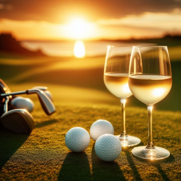 Zwei Gl&auml;ser Wei&szlig;wein und Golfb&auml;lle auf einem Golfplatz bei Sonnenuntergang. Die warme Abendsonne taucht die Szene in ein goldenes Licht., &copy; Collegium Wirtemberg