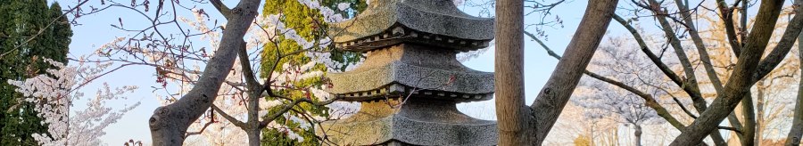 A stone pagoda stands in a garden, surrounded by blossoming trees and green lawns. The sky is clear and blue., &copy; SMG