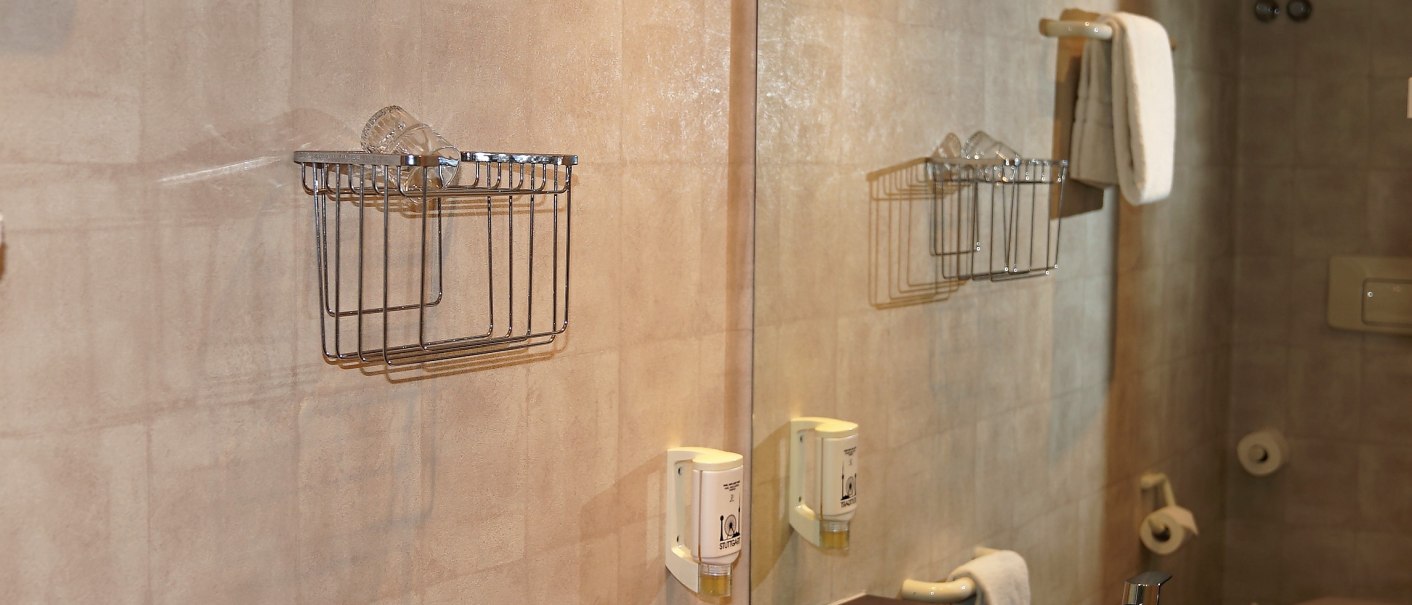 Modern bathroom with a sink, large mirror, towel rack, and wall-mounted soap dispenser., &copy; TOMAS