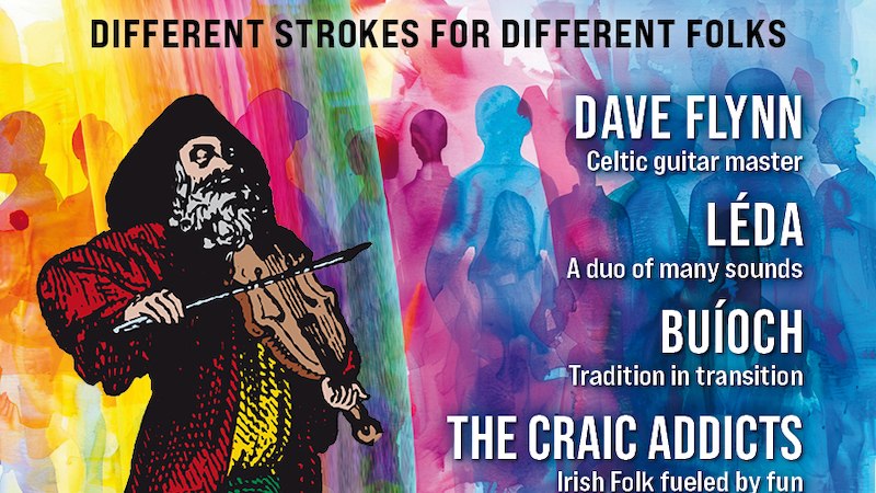Poster für das Irish Folk Festival 2025 mit einem gezeichneten Geiger und buntem Hintergrund. Künstler: Dave Flynn, Léda, Buíoch, The Craic Addicts., © Music Circus Concertbüro GmbH &CoKG Poster für das Irish Folk Festival 2025 mit einem gezeichneten Geiger und buntem Hintergrund. Künstler: Dave Flynn, Léda, Buíoch, The Craic Addicts., © Music Circus Concertbüro GmbH &CoKG