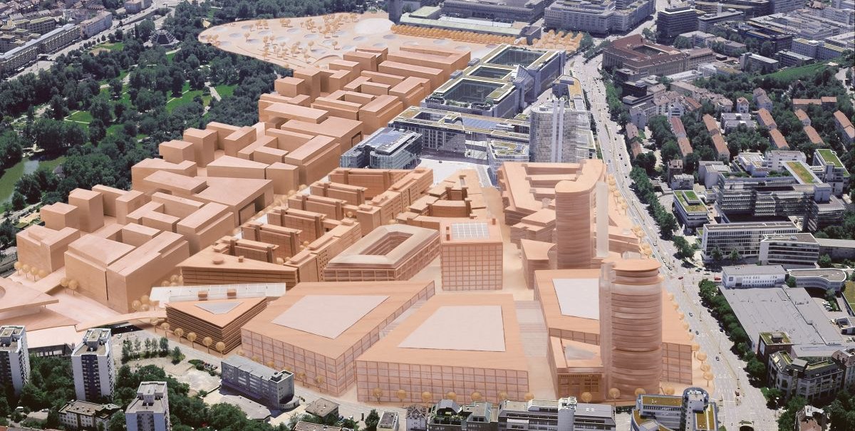 Luftaufnahme von Stuttgart mit visualisierten Bauprojekten. Die geplanten Gebäude sind in orange dargestellt, umgeben von bestehenden Strukturen und Grünflächen., © Aldinger und Wolf