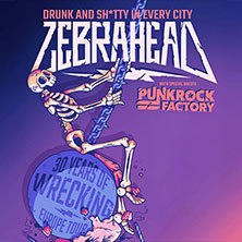 A skeleton swings on a wrecking ball. Tour poster for Zebrahead with special guests Punkrock Factory. Text: "Drunk and sh*tty in every city"., © links im Bild A skeleton swings on a wrecking ball. Tour poster for Zebrahead with special guests Punkrock Factory. Text: "Drunk and sh*tty in every city"., © links im Bild