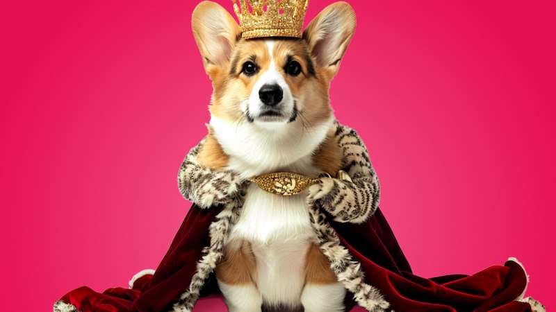 Ein Corgi mit goldener Krone und rotem Umhang sitzt vor einem pinken Hintergrund., © Theater der Altstadt Ein Corgi mit goldener Krone und rotem Umhang sitzt vor einem pinken Hintergrund., © Theater der Altstadt