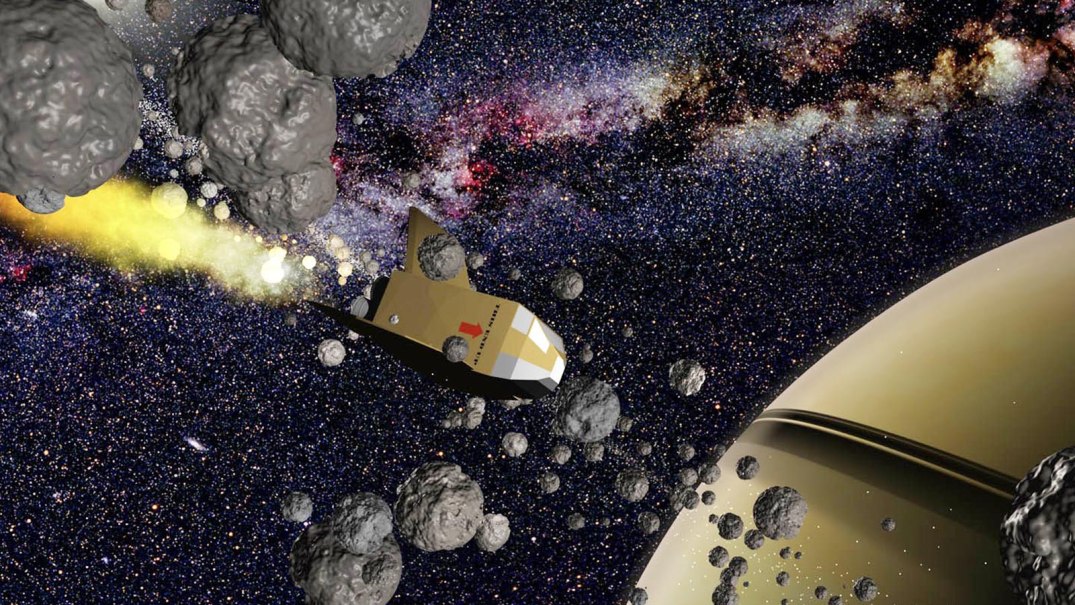 A paper rocket flies through an asteroid field in space, with a planet in the background., &copy; Planetarium Stuttgart